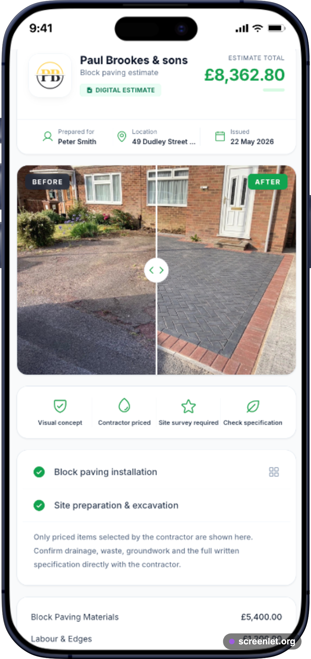 Full customer driveway estimate shown on a phone, including the before-and-after visual, work and price
